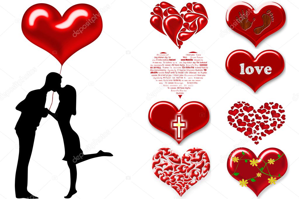 Silhouette of a couple with hearts
