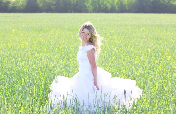 Невеста на поле из пшеницы — стоковое фото