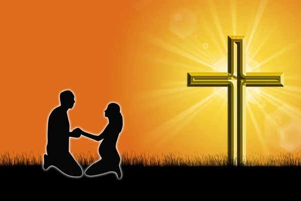 Silhouette d'un couple avec une croix — Photo