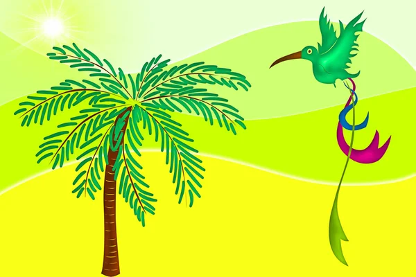 Тропическая иллюстрация с птицами и пальмами — стоковое фото