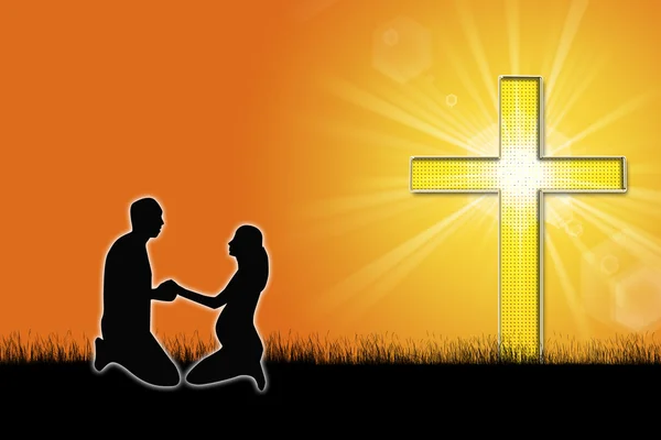 Silhouette eines Paares mit einem Kreuz — Stockfoto