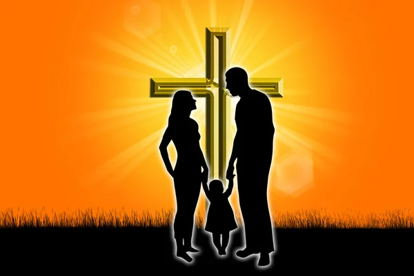 Silhouet van een familie met een kruis — Stockfoto