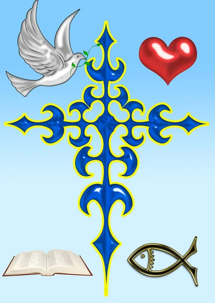 十字架与一只鸽子和圣经 》 的插图 — 图库照片