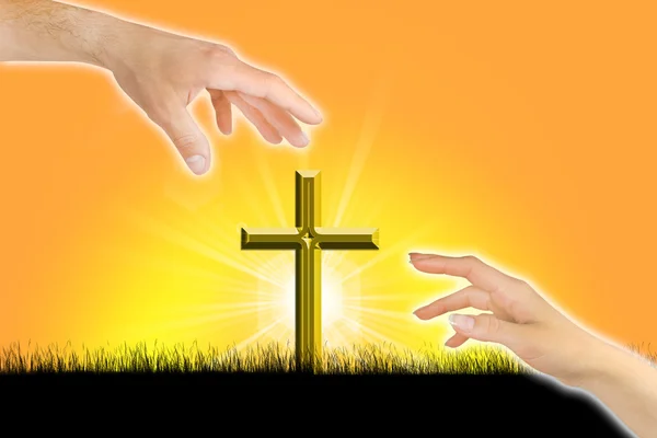 Duas mãos apaixonadas pela cruz — Fotografia de Stock