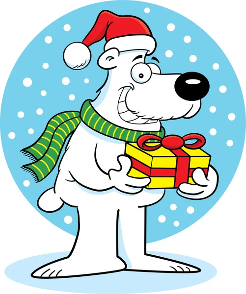 Illustrazione del cartone animato di un orso polare che tiene un regalo su uno sfondo bianco — Vettoriale Stock