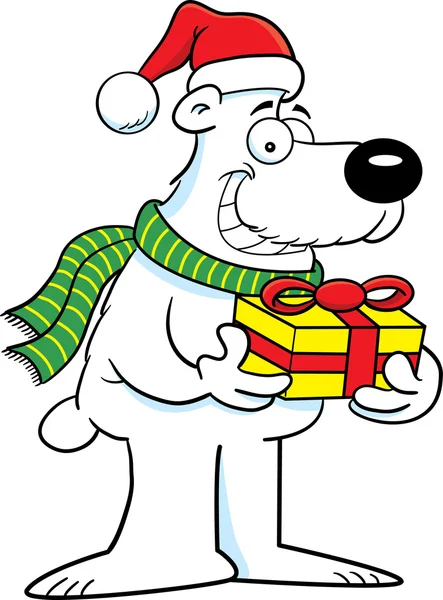 Illustration cartoon d'un ours polaire tenant un cadeau sur un fond blanc — Image vectorielle