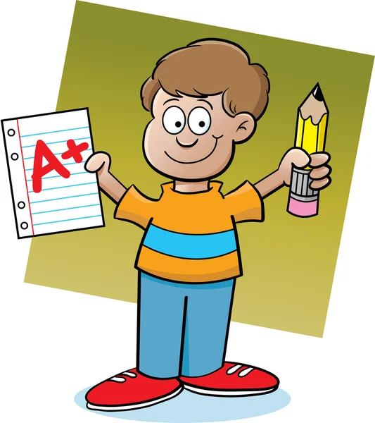Kreslený obrázek chlapce drží papír a tužku na bílém pozadí — Stockový vektor