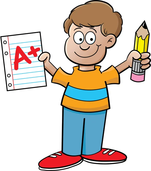 Cartoon afbeelding van een jongen die houdt een pen en een papier op een witte achtergrond — Stockvector