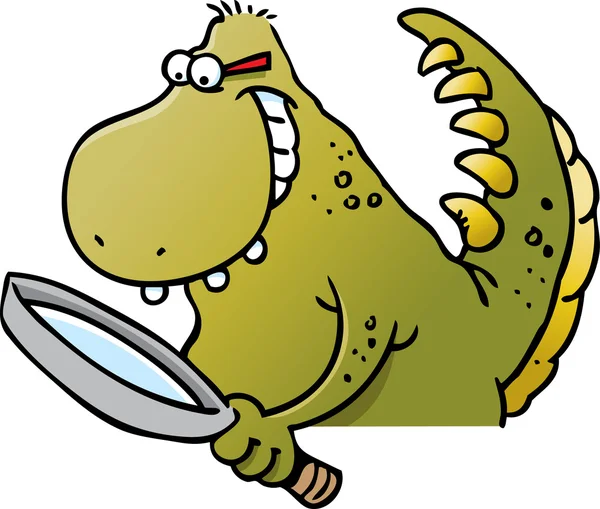 Cartoon illustration of a dinosaur with a magnifying glass — Stock Vector