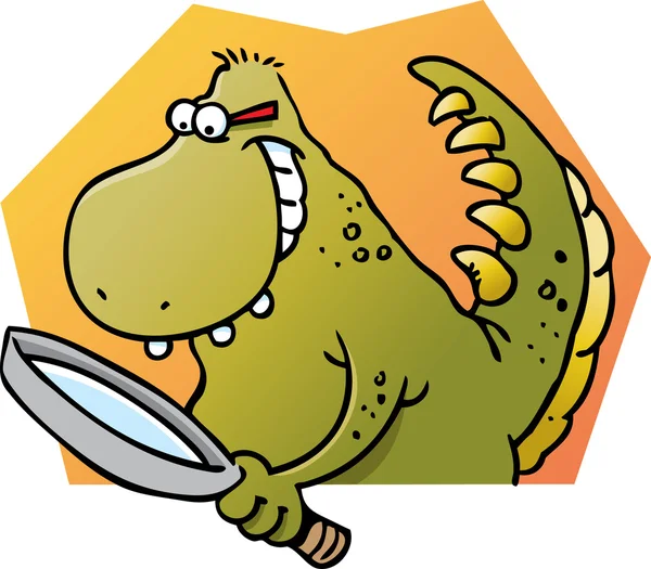 Карикатура на динозавра с увеличительным стеклом — стоковый вектор