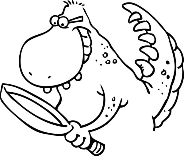 Cartoon illustration of a dinosaur with a magnifying glass for coloring page — Stock Vector