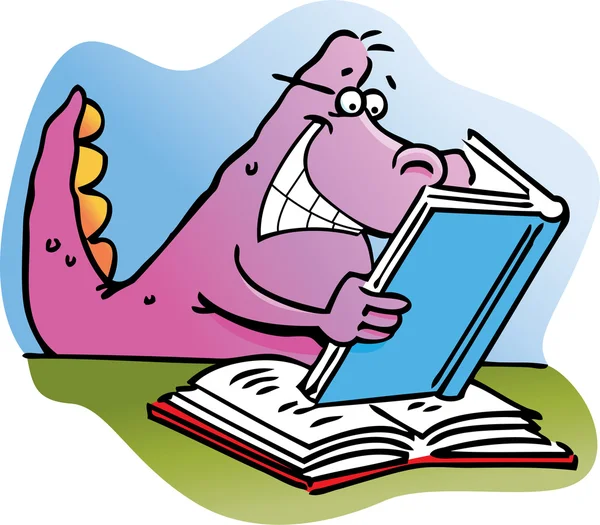 Zeichentrick-Illustration eines Dinosauriers beim Lesen eines Buches — Stockvektor