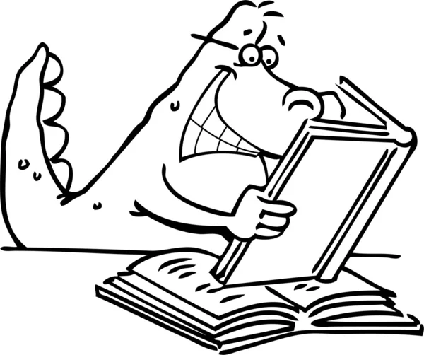 Cartoon illustratie van een dinosaurus lezen van een boek voor het kleuren van pagina — Stockvector