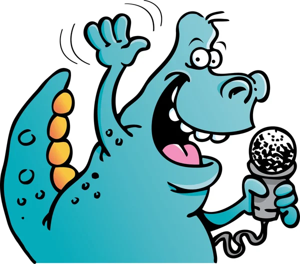 Kreslený obrázek dinosaura, drží mikrofon na bílém pozadí — Stockový vektor