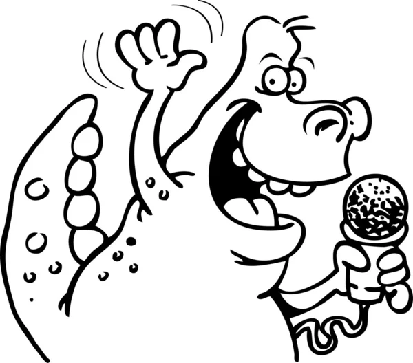 Illustrazione in bianco e nero di un dinosauro con un microfono in mano — Vettoriale Stock