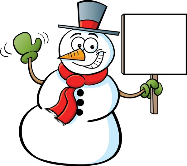 Cartoon illustration of a snowman holding a sign — Stock Vector