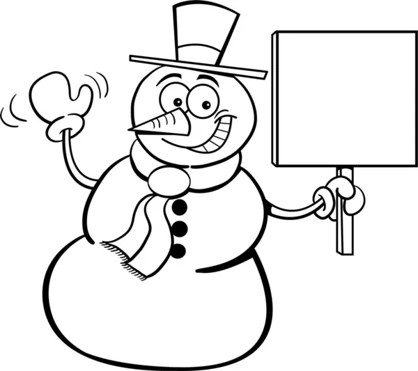 Cartoon illustration of a snowman with a sign for coloring page — Stock Vector