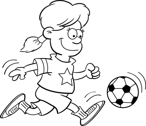Ilustración en blanco y negro de una niña jugando al fútbol — Vector de stock
