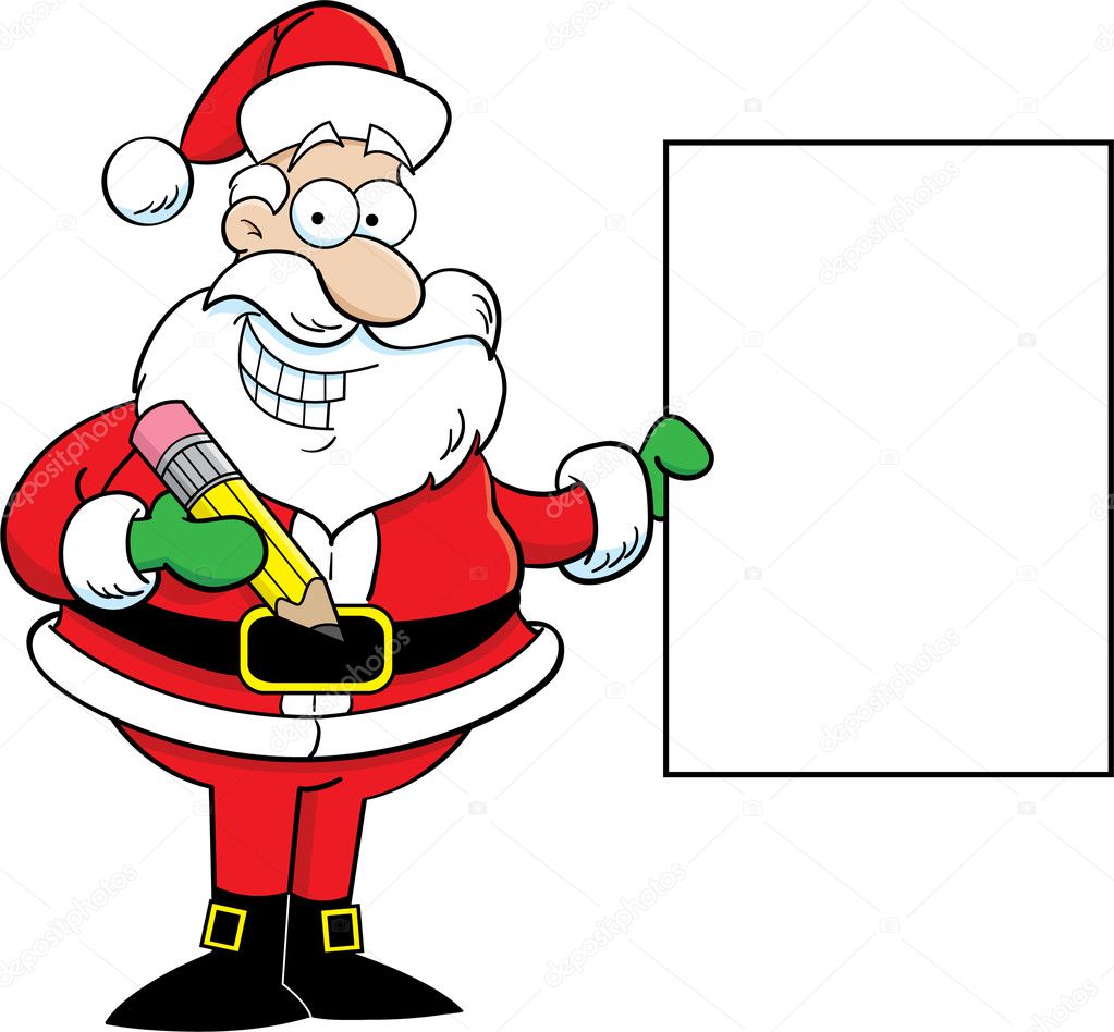 Cartoon illustration of Santa Claus holding a sign