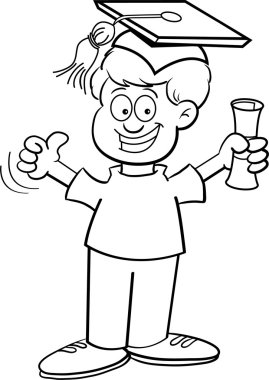 Black and white illustration of a boy holding a diploma and wearing a graduation cap clipart