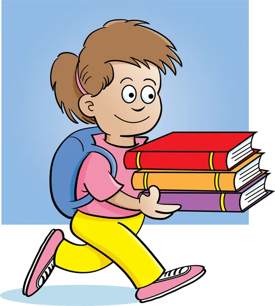 Desenhos animados ilustração de uma menina carregando livros com um fundo — Vetor de Stock