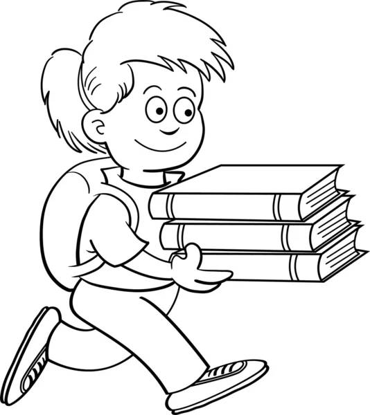 Ilustração em preto e branco de uma menina carregando livros — Vetor de Stock