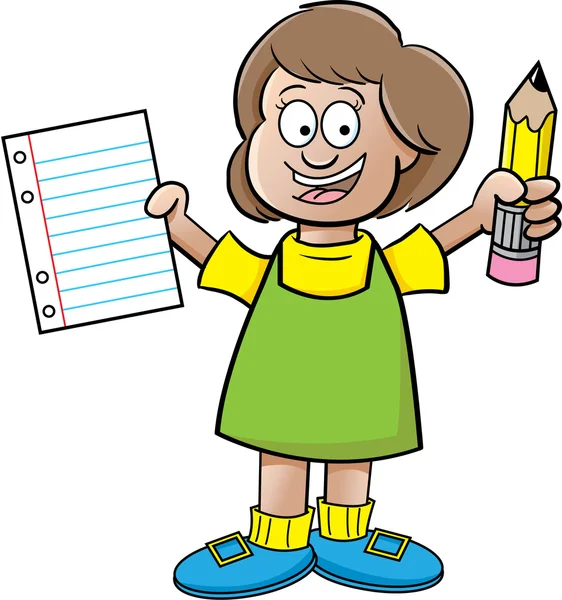 Ilustrasi kartun seorang gadis memegang kertas dan pensil di latar belakang putih - Stok Vektor
