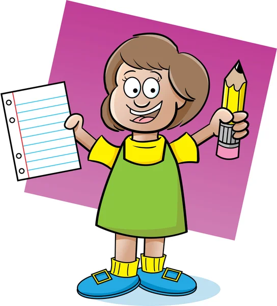 Illustrazione del cartone animato di una ragazza con in mano una carta e una matita — Vettoriale Stock