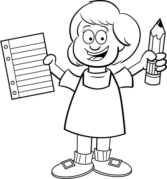 Ilustrasi hitam dan putih dari seorang gadis memegang kertas dan pensil - Stok Vektor