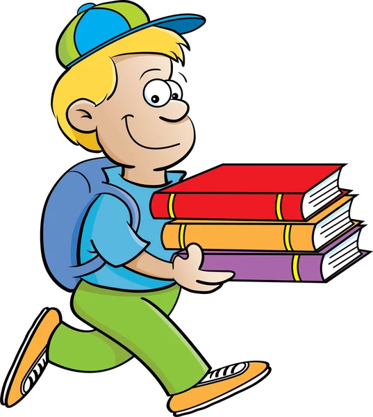 白い背景の上の書籍を運ぶ少年の漫画イラスト — ストックベクタ