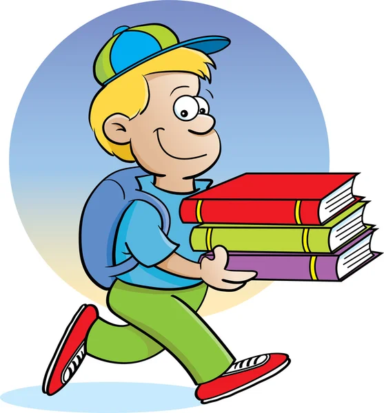 Kartun ilustrasi seorang anak laki-laki membawa buku-buku di latar belakang - Stok Vektor