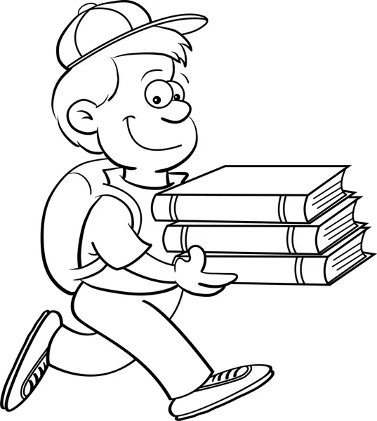 Ilustração em preto e branco de um menino carregando livros —  Vetores de Stock