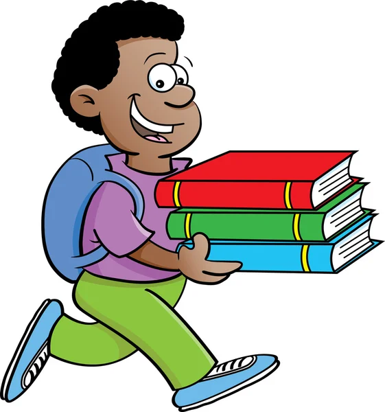 Ilustrasi kartun seorang anak membawa buku dengan latar belakang putih - Stok Vektor