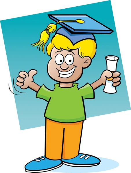 Pojken håller ett diplom och bär en gradering mössa — Stock vektor