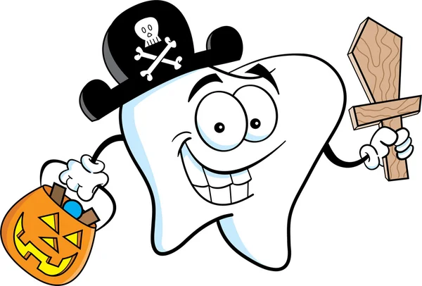 Tecknad bild av en tand klädd i en pirat kostym — Stock vektor