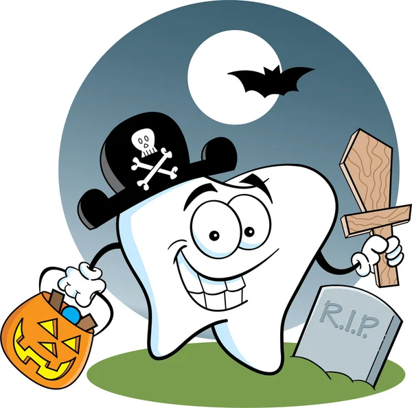 Illustration de dessin animé d'une dent vêtue d'un costume de pirate — Image vectorielle