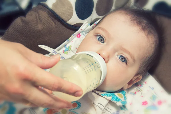 Rozkošný sedm měsíců dítě jíst z láhve Stock Fotografie
