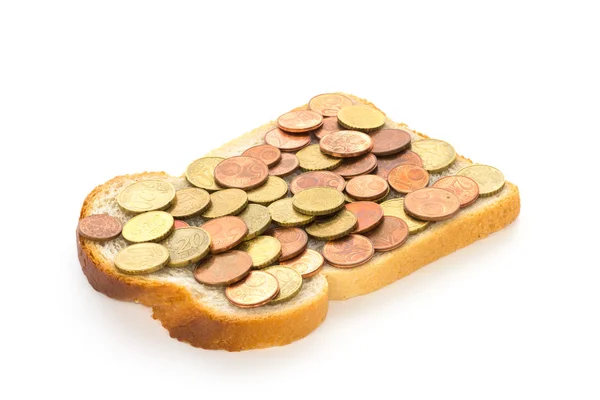Bir dilim ekmek ve euro ile karışımı spread — Stok fotoğraf