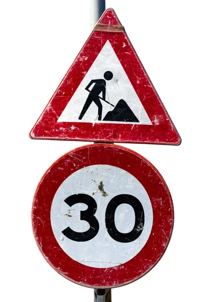 Trabajos de carretera y señal de límite de velocidad —  Fotos de Stock