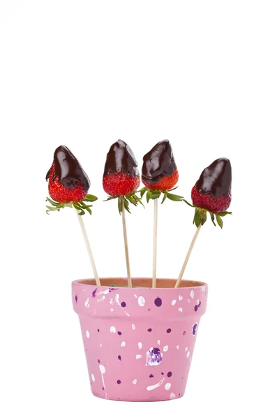 Ein Topf mit Erdbeerdip in Schokolade — Stockfoto