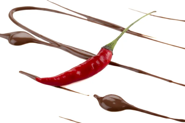 Chocolate splatter with hot chili pepper — Stock Photo, Image