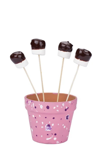 Configurar marshmallows perfurado em pau em um pote rosa — Fotografia de Stock