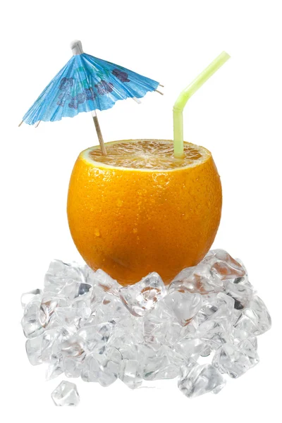 Sliced orange with drinking straw and umbrella — Stock Photo, Image