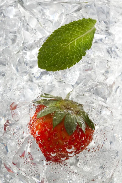 Pfefferminzblatt und Erdbeere auf Eiswürfeln — Stockfoto