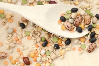 Assorted beans in wooden spoon clipart