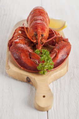 Boiled lobster on a wooden board clipart