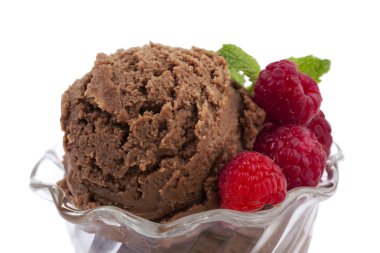 Closed up chocolate ice cream with raspberry and mint clipart