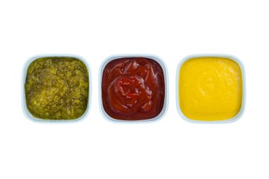 Ketchup mustard pickles on bowl clipart