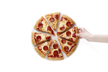 Hand lifting a slice of pepperoni pizza clipart