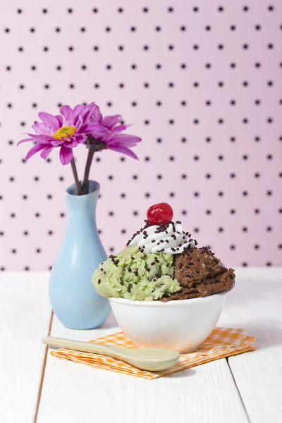 Tigela com hortelã e sorvete de chocolate — Fotografia de Stock